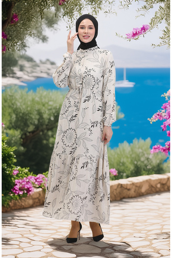 sefamerve Linen Dress - Front Button and Lace Up, Beige Black 0520C-04