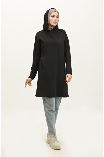 sefamerve Black Winter Hooded Tunic 8674-01 - Simple Design