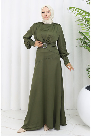 sefamerve Khaki Satin Evening Dress - Layer Detailed, Model 6001-04