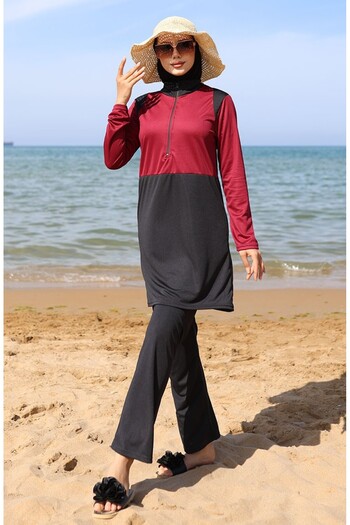 sefamerve Μαγιό Hijab με φερμουάρ 2508-03 Claret Red Black