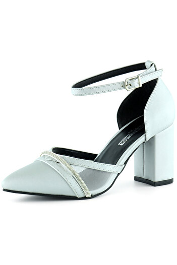 Erkan Saçmacı Molly Silver Satin Pointed Toe Stoned Mesh Thick Heeled Evening Dress Shoes