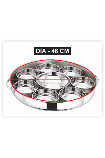 Bohara Stainless Steel Serving Plate Set. Consists Of 9 Pieces With A Lid. Distinctive Golden Line.