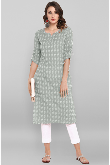 IndHeritage Premium cotton office / casual kurti - Light grey kurti / kurta for women with white ethnic prints