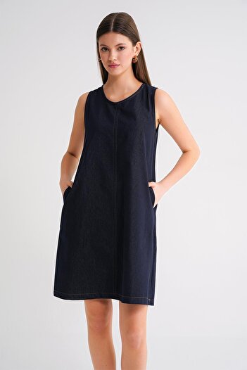 Mixray 4691 Kadın Bisiklet Yaka Midi Boy Denim Elbise Lacivert