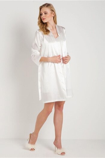 Magic Form 30428 Women's Ecru Plain Satin Fabric Short Dressing Gown