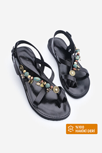 Marjin Women's Genuine Leather Accessory Eva Sole Flip Flop Daily Sandals Devila Black