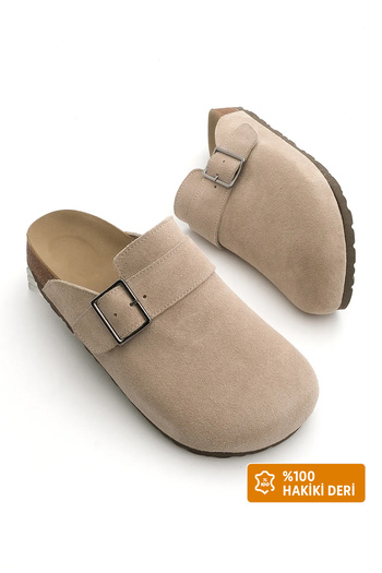 Marjin Women's Genuine Leather Eva Sole Closed Front Buckle Sabo Daily Slippers Sumpa Beige Suede