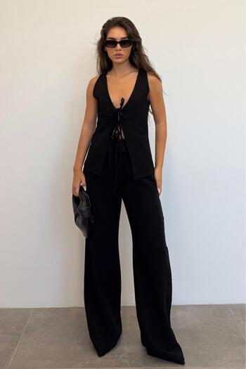 Madmext Black Tie Front Vest Trousers Women's Suit Mg2403