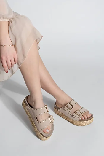 Marjin Women's Genuine Leather Thick Straw Sole Double Strap Studded Daily Slippers Collar Beige Suede