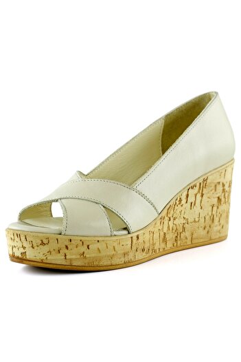 Erkan Saçmacı Astrid Beige Genuine Leather Cross-Strapped Cork Sole Look Wedge Heeled Sandals