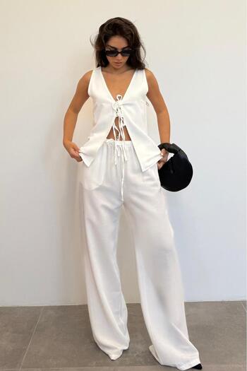 Madmext Ecru Front Tie Vest Trousers Women's Suit Mg2403