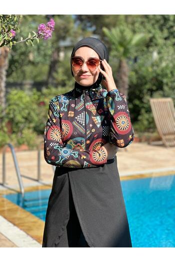 HOTEPS Women's Black Patterned Hijab Swimsuit Set Set of 3