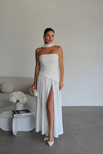 Julidress Premium White Dress with Shawl and Tie Back Skirt Pleated Chiffon Atlas Garnish