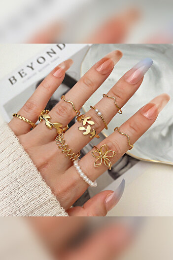 The Collection 10-Piece Combination Joint Gold Pearl Ring Set