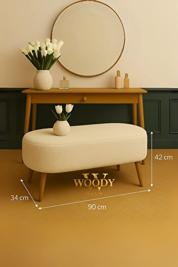WoodyMaison ZİNO LUNA PELUŞ KREM LARGE 90 CM GÜRGEN AYAKLI PUF KOLTUK BENCH