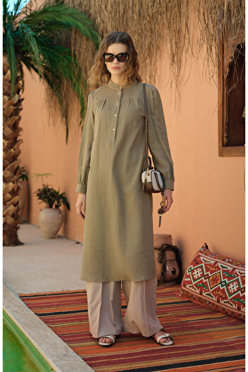 Fatma Atasoy Maxi Khaki Muslin Tunic with Drawstring Robe