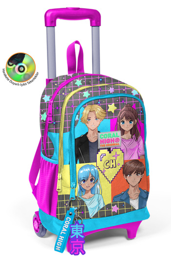 Coral High Gray Blue Pink Anime Patterned Three Compartment School Backpack with Squeegee 23937