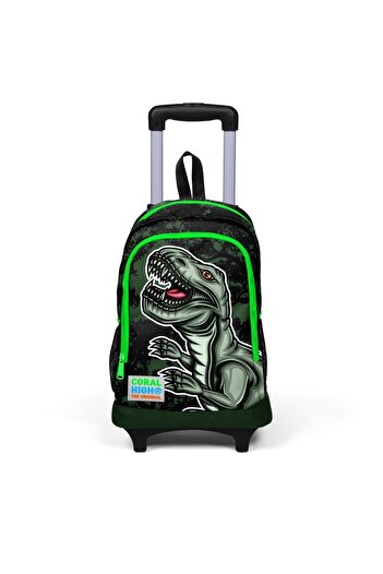 Coral High Kids Dark Green Black Dinosaur Patterned Three Compartment Squeegee Backpack 23925