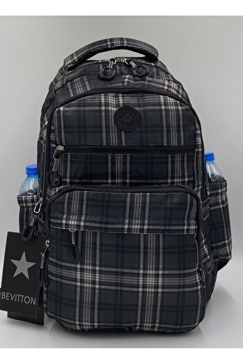 ÇantaExpress School Bag Water Repellent Fabric Black Unisex School Backpack A3113 Plaid