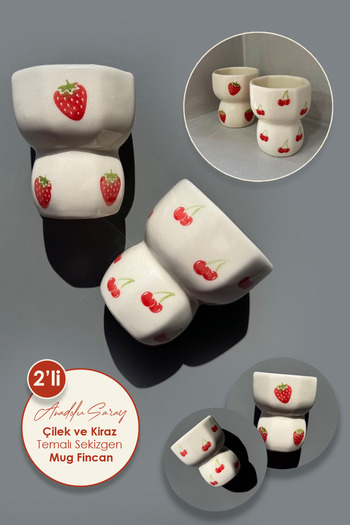 Anadolu Saray Handmade Ceramic Kuvalık Apple and Banana Design Octagonal Box Mug Cup 2 Pcs