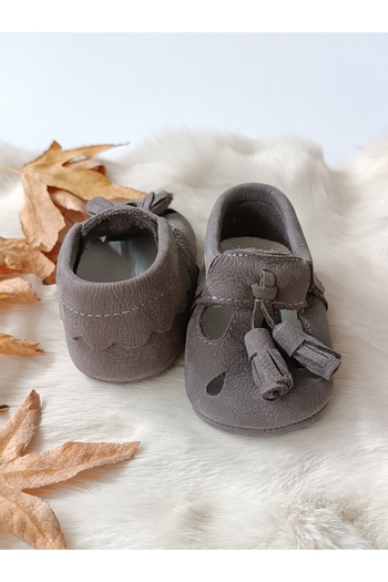 Hodore Wizy Tasseled Gray Genuine Leather Baby Booties Moccasins
