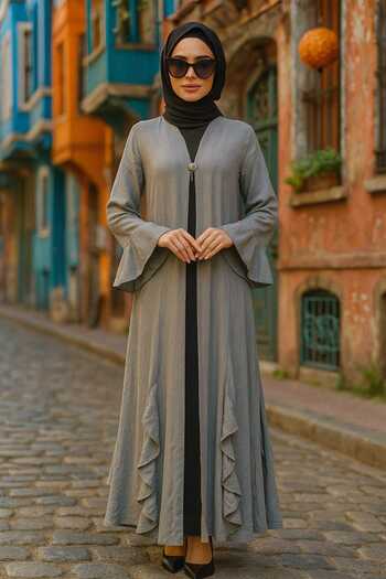 Neva Style Βολάν Λεπτομερές Γκρι Hijab Abaya 1535γρ