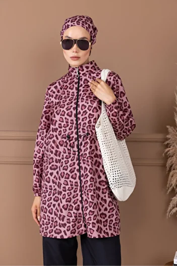 dilber fashion Leopard Pattern Bonnet and Bag Gift Gathered Waist Hijab Swimsuit Set