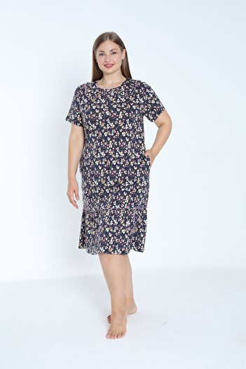 ROMEO LİFE Women's Large Size Cotton Modal Fabric Button Detailed Patterned Summer Dress 7847