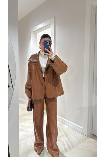 GAMZE ALPTEKİN Palazzo Pants and Leather Jacket Set - Wool Lining and Raster