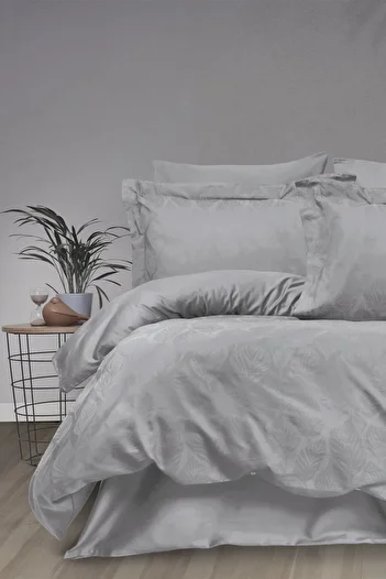 Sevim Tivoli Jacquard 100% Cotton Satin Double Duvet Cover Set - Aura Gray