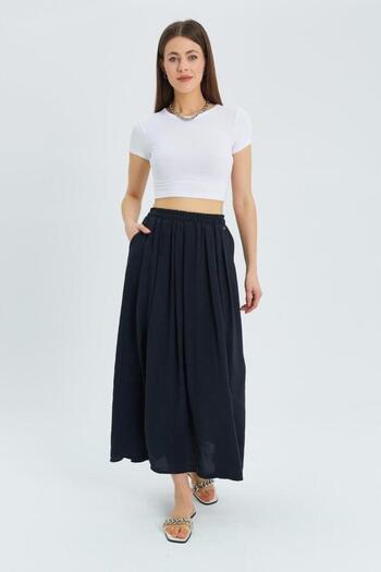 Mixray Black 4612 Model Pleated Loose Skirt - Side Pocket