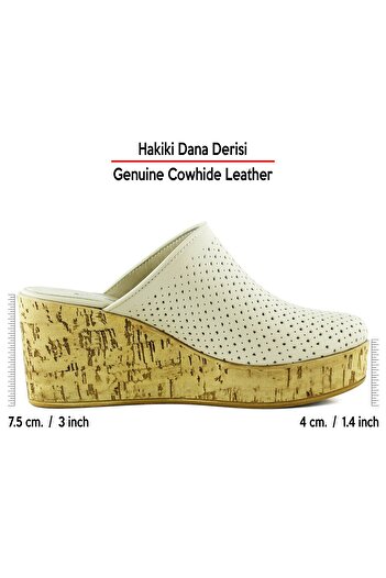 Erkan Saçmacı Aria Beige Genuine Calfskin Closed Front Cork Sole Look Wedge Heeled Slippers