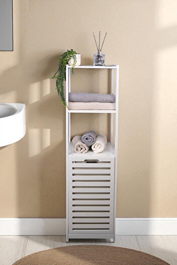 Digithome Bambu Beyaz Mat Lake Kirli Sepetli 3 Raflı Banyo Düzenleyici Çamaşır Sepeti DB-0019