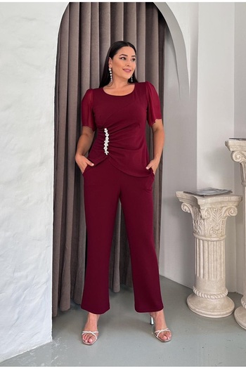 Butik Nilyam Women's Plus Size Crew Neck Chiffon Sleeve Waist Drape Stone Detail Blouse Pants Evening Dress 24792