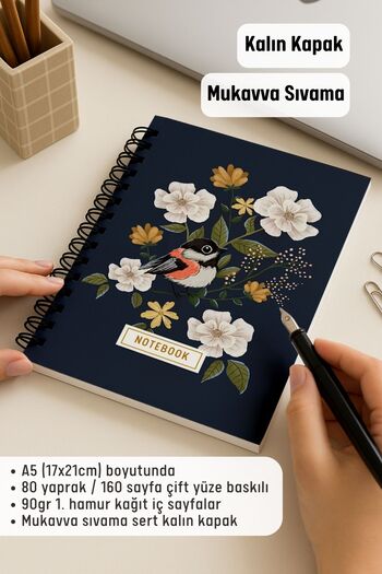 Eldesen Tasarım A5 Spiral Thick Cover Lined Notepad, 80 Sheets 160 Pages, Blue Bird