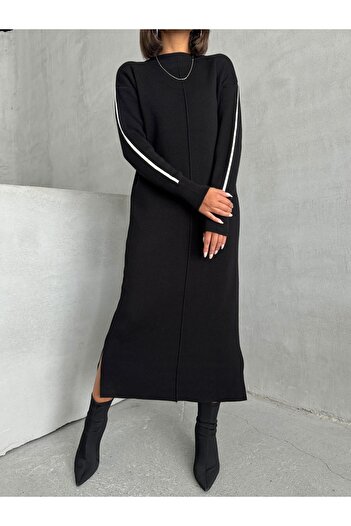Lusin Black Midi Knitwear Dress - Stripe Detailed, Long Sleeve