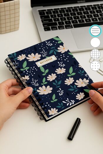 Eldesen Tasarım A5 Spiral Thick Cover Lined Notepad, 80 Sheets 160 Pages, White Floral