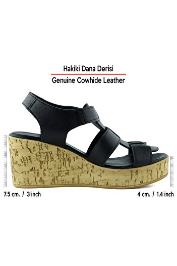 Erkan Saçmacı Xena Black Genuine Calfskin Cork Sole Look Wedge Heeled Gladiator Sandals