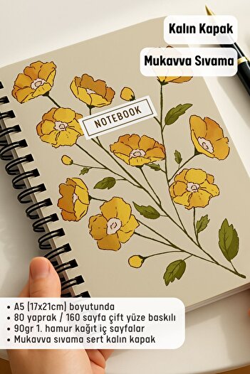 Eldesen Tasarım A5 Spiral Thick Cover Unlined Notepad, 80 Sheets 160 Pages, Orange Flower