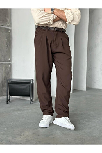 MENOFOURSWEAR Acı Kahve Pileli Baggy Kumaş Pantolon