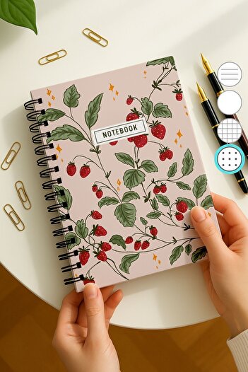 Eldesen Tasarım A5 Spiral Thick Cover Dotted Notepad, 80 Sheets 160 Pages, Pink Strawberry