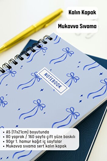 Eldesen Tasarım A5 Spiral Thick Cover Dotted Notepad, 80 Sheets 160 Pages, Blue Bow