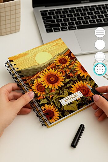 Eldesen Tasarım A5 Spiral Thick Cover Dotted Notepad, 80 Sheets 160 Pages, Moon Flower
