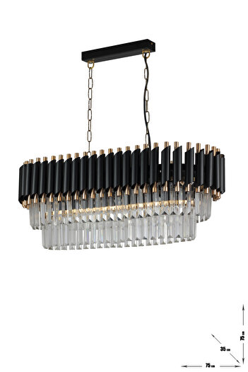 Avizemoda Palmira 75x35 Cm Kristal Taşlı Lüks Yemek Masası Üstü Avize 6'lı - (siyah-gold)