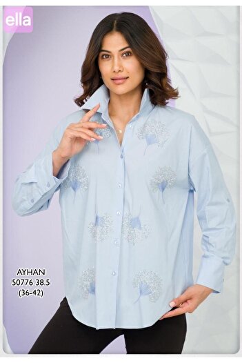 AYHAN Bead Embroidered Foldable Sleeve Cotton Shirt