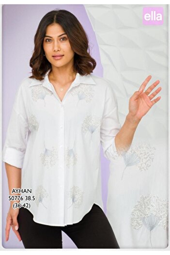 AYHAN Bead Embroidered Foldable Sleeve Cotton Shirt