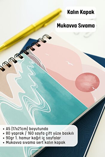 Eldesen Tasarım A5 Spiral Thick Cover Checkered Notepad, 80 Sheets 160 Pages, Pink Boholo