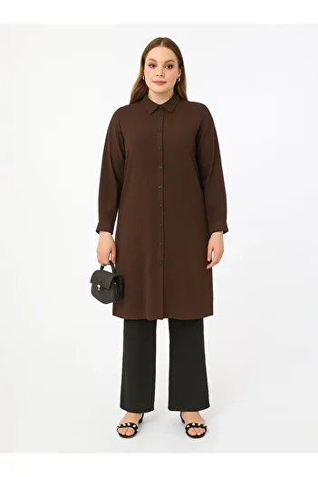 ALİA Muslin Fabric Long Plus Size Tunic - Brown - Alia