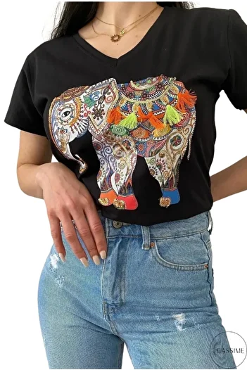 Cassime Women's Black Colored Elephant Embroidered 100% Cotton V-Neck T-Shirt