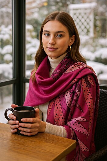 Axesoire 15077 Floral Patterned Fuchsia Shawl